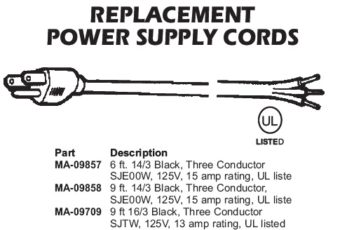 replacement power supply cord