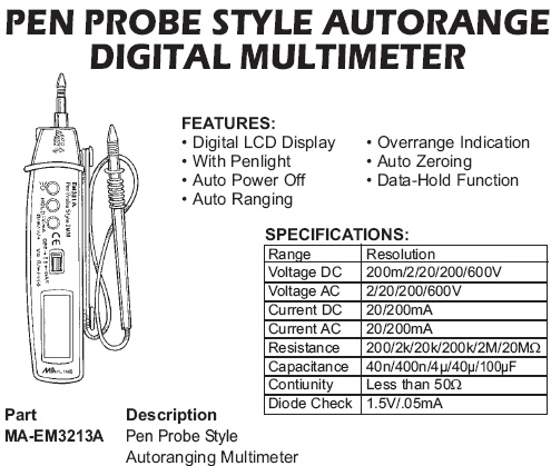pen probe style autoranging multimeter