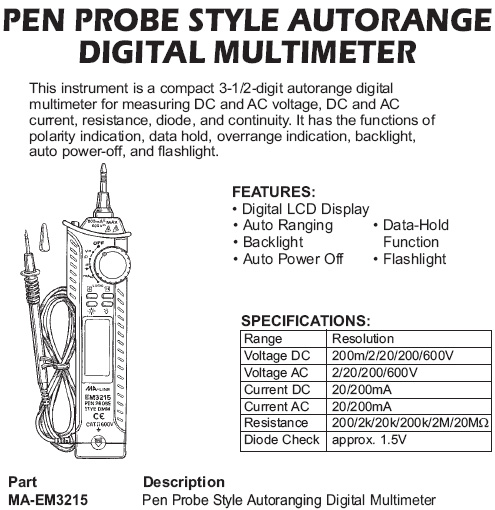 pen probe style autorange digital multimeter
